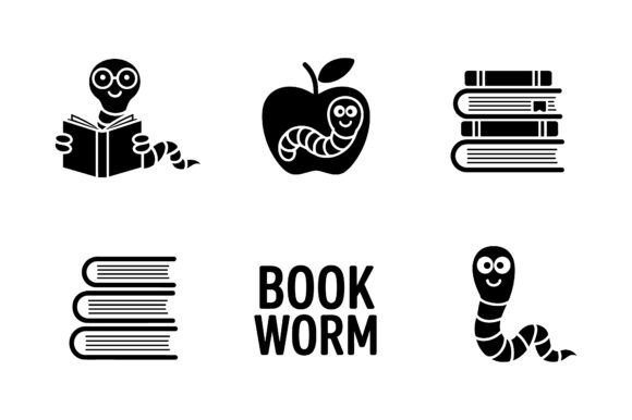 Cute Bookworm Reading Icon Set EPS Graphics