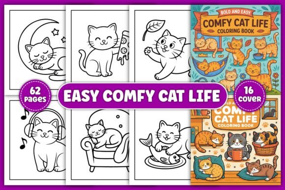 Easy Comfy Cat Life Coloring Pages: Graphics for Branding